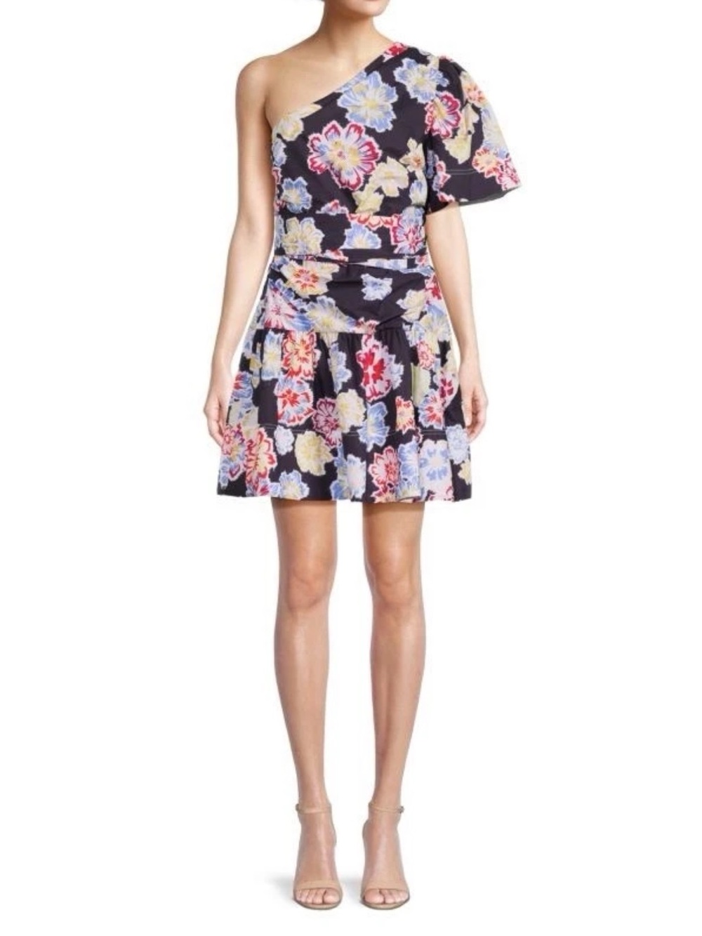 Tanya Taylor One Shoulder Floral Mini Dress Navy 100% Cotton Size 6